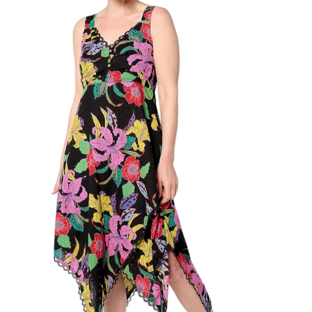 Susan Graver Black Floral Asymmetrical Handkerchief-Hem Dress (G)